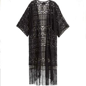 Oversized Black Lace Fringe Boho Duster Cardigan